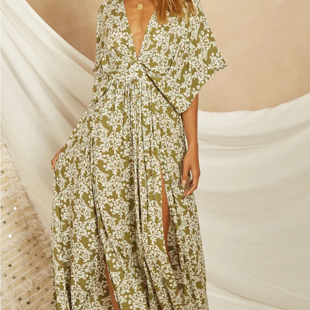 Olive Green Floral Maxi Dress with White Print